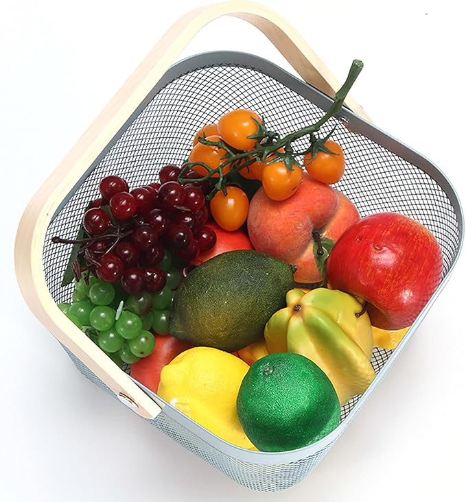 Cheardia 2 Pack Picnic Baskets, Metal Mesh Harvest Basket with Foldable Wooden Handle, Rectangle Garden Storage Basket Bin for Vegetable Fruit Garden Kitchen Cabinet Picking Gathering, Blue