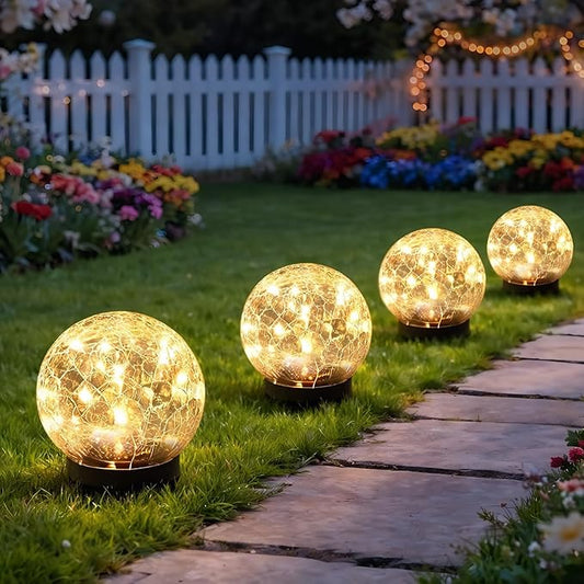 SyouHome Solar Garden Lights Outdoor Waterproof, 4 Pack LEDs Cracked Glass Ball Light, Ground Landscape Garden Decor, Solar Globe Decorative for Pathway/Patio/Lawn/Yard