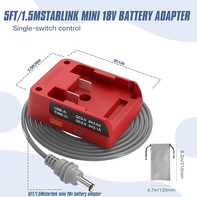 Deckit Starlink Mini Battery Adapter,Compatible with Milwaukee M18 Battery, Portable Power Converter for Off-Grid Internet with Switch, Low Voltage Protection & Multi-Port, Includes 5FT DC Cable & Bag