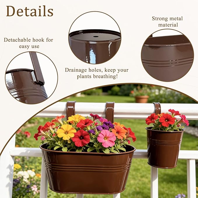 Set of 6 Balcony Hanging Planters, 2 Pcs 17" Metal Railing Flower Pots & 2 Pcs 12" Deck Planter & 2 Pcs 4" Fence Pot for Outdoor Patio Garden Décor, Chocolate