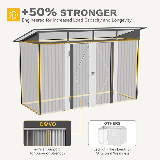 DWVO 8.5x3.5 FT Storage Shed for Bicycle, Functional Metal Tool Shelter Garden Storage Unit with Acrylic Windows, Secure Entry Lock, Water-Resistant Waste Enclosure for Outdoor Patio Garden(Dark Gray)