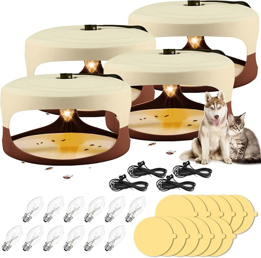 4 Packs Flea Trap-Flea Traps for Inside Your Home, Effective Flea Trap with Light for Indoor, Friendly Traps for Garage with 12 Sticky Disc 12 Bulbs 4 Electric Wires, Safe to Pets