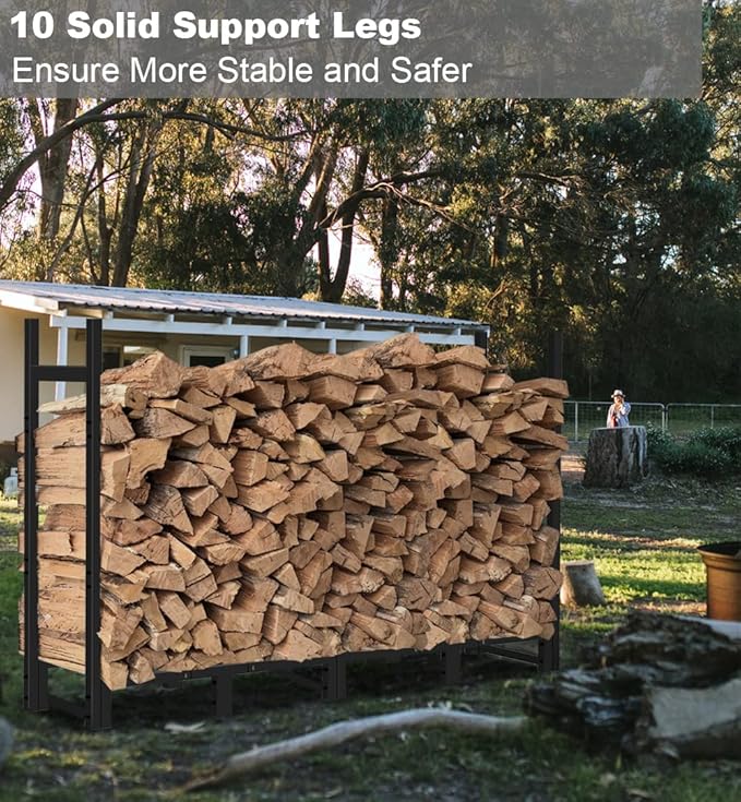 8ft Firewood Rack Outdoor Adjustable Heavy Duty Wood Rack Fire Wood Holder for Indoor Storage Fireplace Metal Lumber Organizer Stand Stacker, Black
