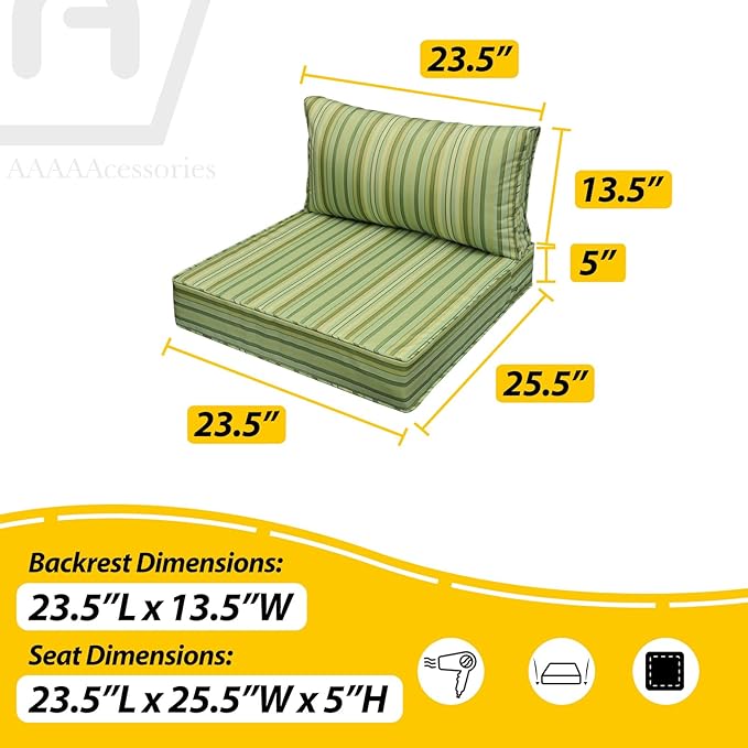 AAAAAcessories Outdoor Seat Cushions for Chairs, Fade-Resistant, Waterproof Patio Furniture Replacement Cushions, 23.5" x 25.5" x 5" + 23.5" x 13.5", Mossy Forest Stripe