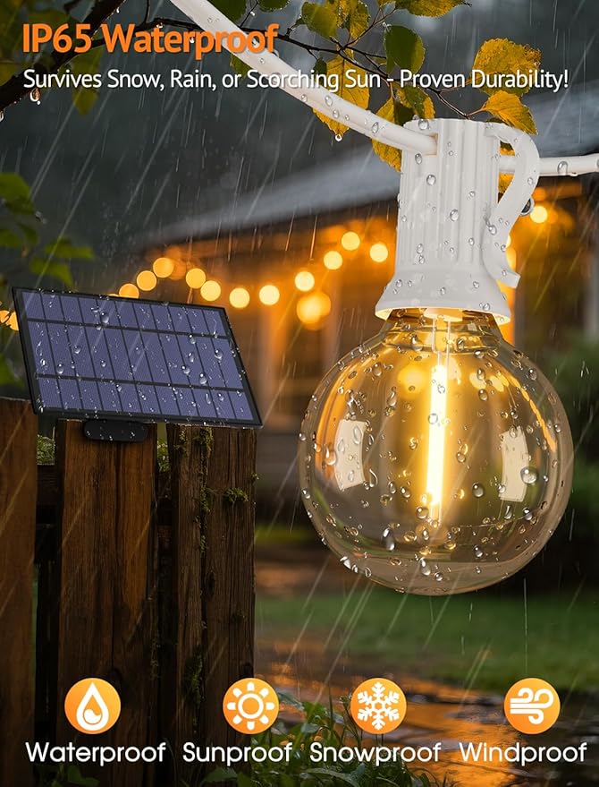 Larkvue 25FT Solar String Lights Outdoor with Remote, Waterproof Dimmable 3 Modes Patio Lights with 10+1 LED Shatterproof G40 Bulbs for Garden-White