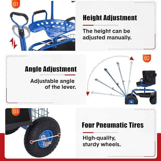 Garden Cart Rolling Workseat with Wheels, 360° Swivel Gardening Stool, Extendable Steering Handle & Utility Tool Tray, 10-Inch Inflatable Tires, Reinforced Steel Construction for Patio, Yard, Outdoor