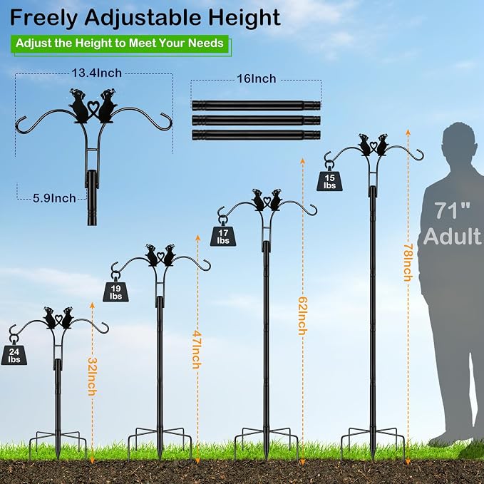 MRHEPHAESTUS Double Shepherds Hooks for Outdoor, 78 Inch Bird Feeder Pole with 5 Prongs Base, Adjustable Heavy Duty Plant Hangers Dog Art for Outdoor Plants Hummingbird Feeder Hanging Baskets Lantern