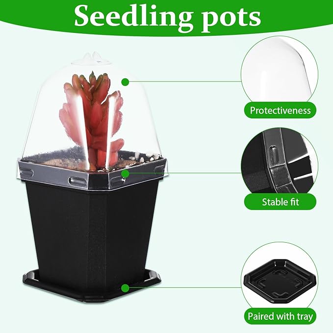 LIOOBO Black Plant Nursery Pots: 5Pcs Seeding Starter Pots, 3 Square Nursery Pot with Humidity Dome, Plastic Plant Container for Garden Vegetable Flower Germination