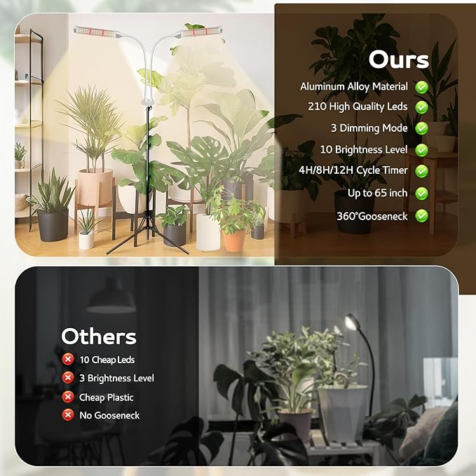 210 LED Grow Lights for Indoor Plants Full Spectrum, LED Plant Light with Stand, Adjustable Height, Plant Grow Lights with Auto 4/8/12/H Timer for Indoor Tall Plants.