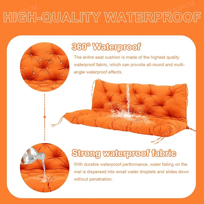 Extra Thick 5" Waterproof Porch Swing Cushions Outdoor 60 inch Swing Cushions 3 Seater Replacement with Backrest and Ties for Outdoor Furniture Patio Bench Garden (Orange)