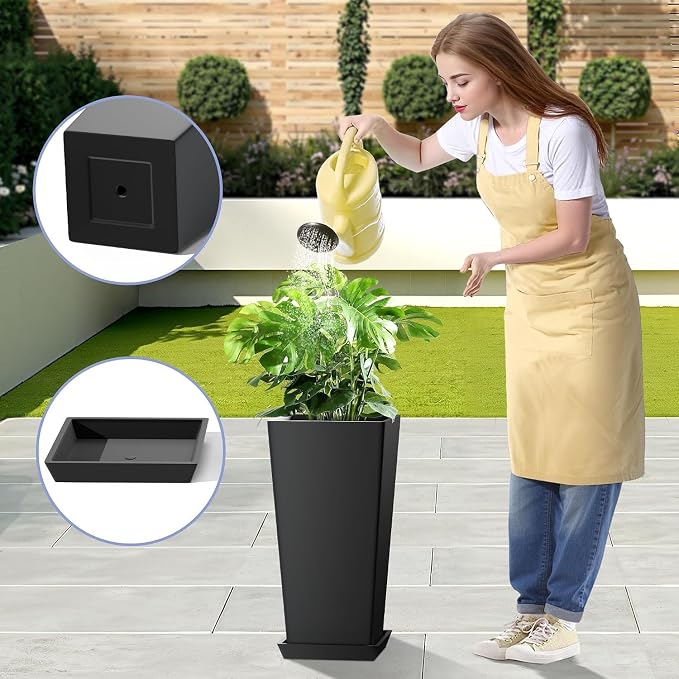 24in Tall Planters Set of 2 with Saucers, Black Classic | Built-in drainage system, Durable composite plastic, Fade-resistant design, Weather Resistant, Patio & porch decor