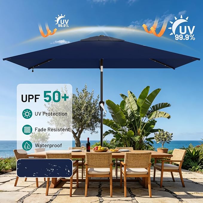 AreShark 6.5' x 10' Rectangular Patio Umbrella with Solar Lights, Solar Powered Lighted Market Umbrella w/Tilt and Crank, Outdoor Table Umbrella for Garden, Deck, Backyard, Pool and Beach, Navy