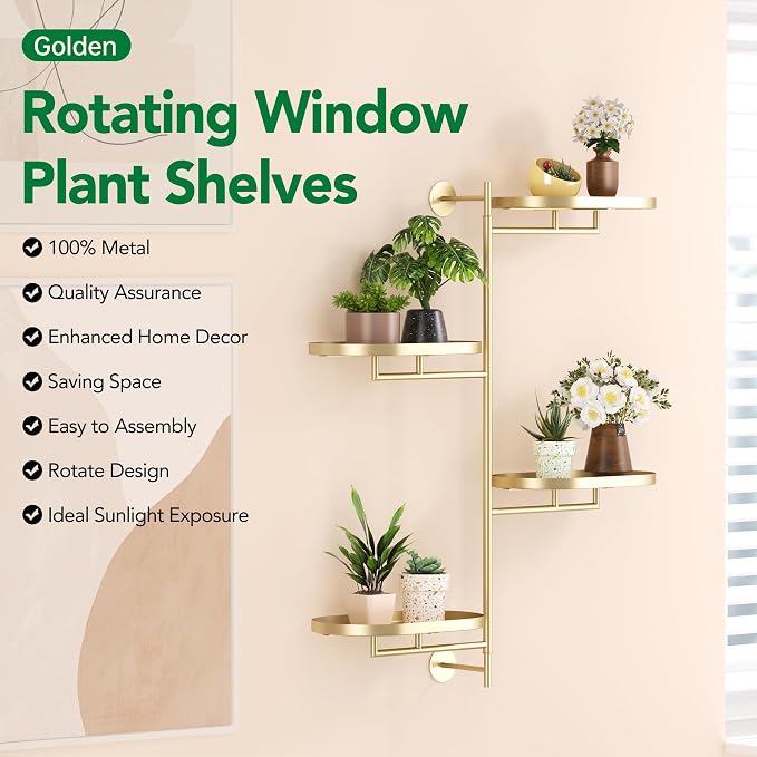 Rotating Window Shelves for Multiple Plants Indoor,4-tier Metal Corner golden Plant Stand Holder Floating Hanger Shelf for Wall，Windows Sill Gifts for Planter Lover to Enhance Home Decor