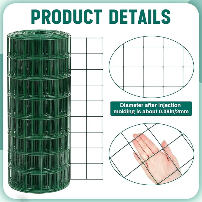 Gisafai 16 Gauge Galvanized Welded Wire Fence 3 ft x 150 ft PVC Coated Hardware Cloth, 2.36" x 2.36" Mesh, Heavy Duty Garden Fencing Roll for Yard Chicken Dog, Deer Cattle & Animal Protection(Green)