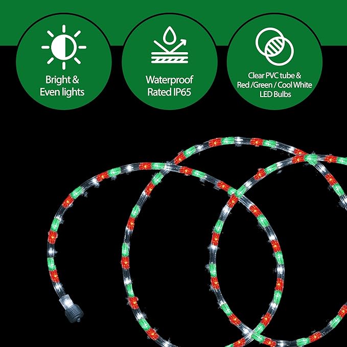 Tupkee LED Rope Light Red, Green, and Clear - 24 Feet (7.3 m), for Indoor and Outdoor use - 10MM Diameter - 144 LED Long Life Bulbs Halloween Decorative Rope Tube Lights