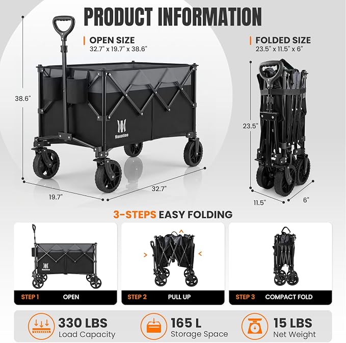 Navatiee 165L Collapsible Folding Wagon, Large Foldable Wagon with Silent All-Terrain Wheels, 330Lbs Heavy Duty Utility Grocery Cart for Camping Shopping Outdoor, Black
