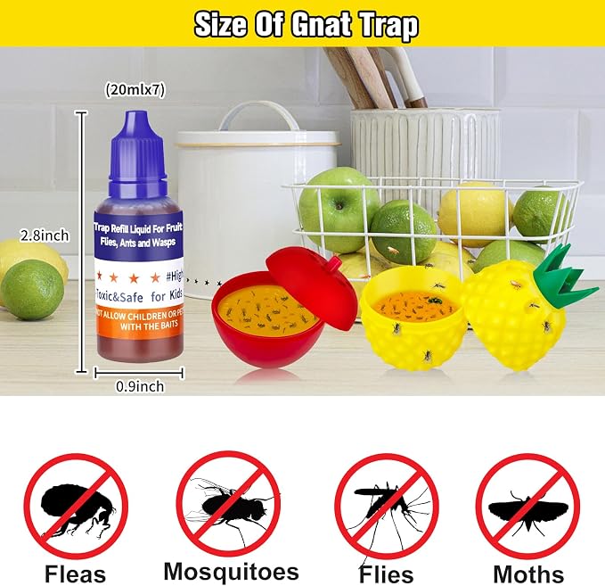 Fruit Fly Trap Refill Liquid, Effective Gnat Killer&Fruit Fly Catcher Bait Refill, Long-Lasting Fruit Scented Ants Attractant for Kitchen Bathroom Living Room Use, Safe Near Food (4 Pack)