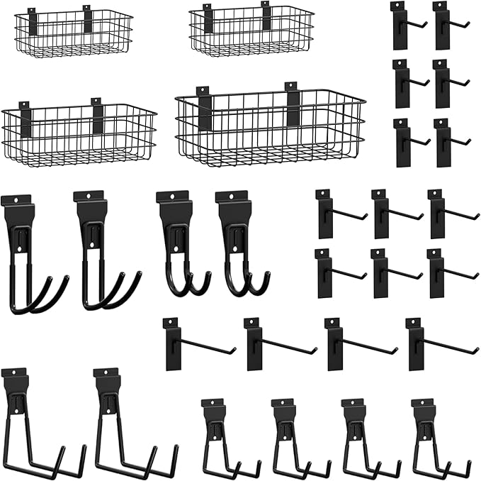 SMARTSTANDARD 30PCS Slatwall Accessories, Includes 4PCS Wall Baskets and 26PCS Multi Shapes(J/U/Straight) Hooks, Accessory for Garage Wall Organizer & Retail Display