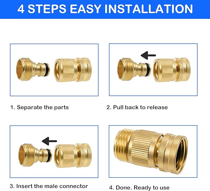 Hourleey Garden Hose Quick Connector, Solid Brass 3/4 Inch GHT Thread Garden Quick Connect Kit, Male and Female No-Leak Water Hose Fittings (4 Set)