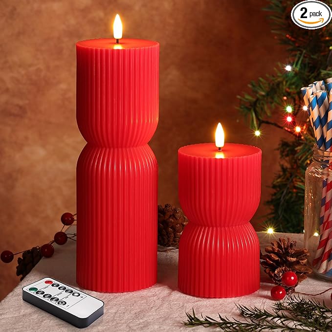 Red Ribbed Flameless Pillar Candles with Remote, Battery LED Wax Candles Flickering Valentines Day Decor Gift Set of 2
