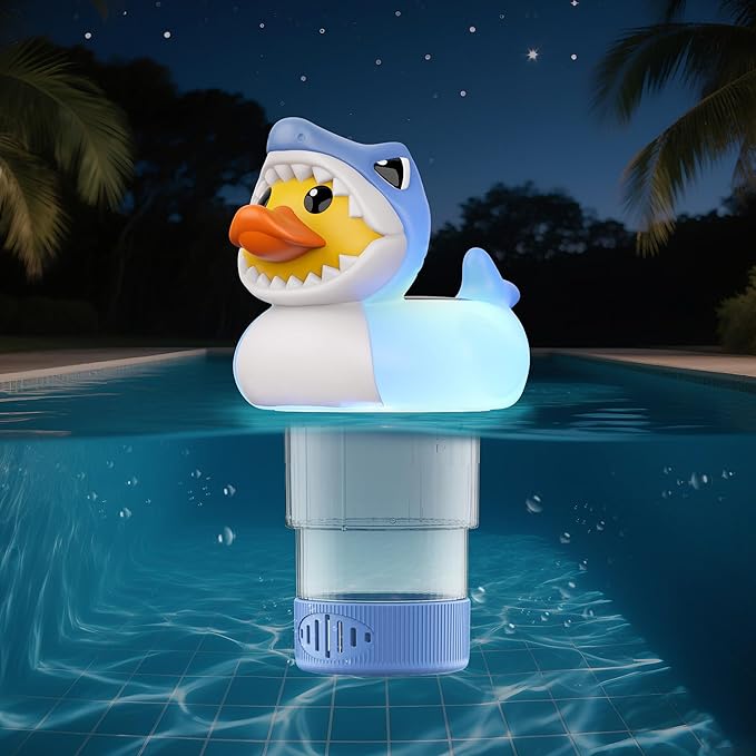 Doli Yearning Solar Pool Chlorine Floater for 3inch Tablets, Duck-Shark Chlorine Tablet Floater with Light, Auto Light up at Night for Pool, Hot Tub