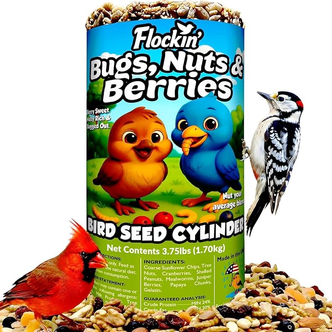Bugs, Nuts & Berries Bird Seed Cylinders with Hole – Wild Bird Food for Blue Bird, Woodpeckers, Cardinals & More – Premium Protein-Rich All Natural Blend, No Fillers – USA Made (3.75 lbs, 6" x 7.75")