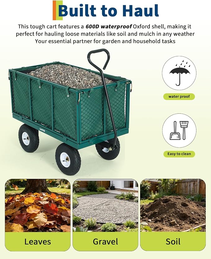 Garvee Versatile Outdoor Utility Cart-800LBS Heavy-Duty, 10" All-Terrain Pneumatic Tires, Easy Maneuverable Lawn Cart with Removable Mesh Panels for Gardening&Landscaping, Green, with Waterproof Liner