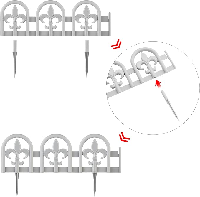 Evelyne Gray Garden Border Plastic Edging – PP Plastic, Short Metal-Free Wrought Iron Look Design, 15pcs Yard Landscaping Fence Liner Lawn Edge Barrier, 20ft Kit of Decorative Lawn Landscape Panels
