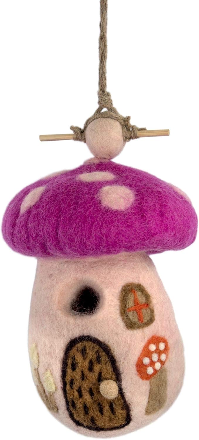 Global Crafts Birdhouse - Handmade Felt, Magic Mushroom Design - 10.5 x 7 x 4 in - Wool