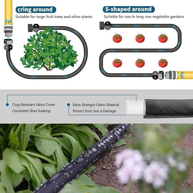 Flat Soaker Hoses for Garden 100 ft 2Pack, Cloth Soaker Hose 200 ft for Efficient & Effective Watering – Garden Soaking Drip Hoses Heavy Duty & Easy to Install(100ftx2)