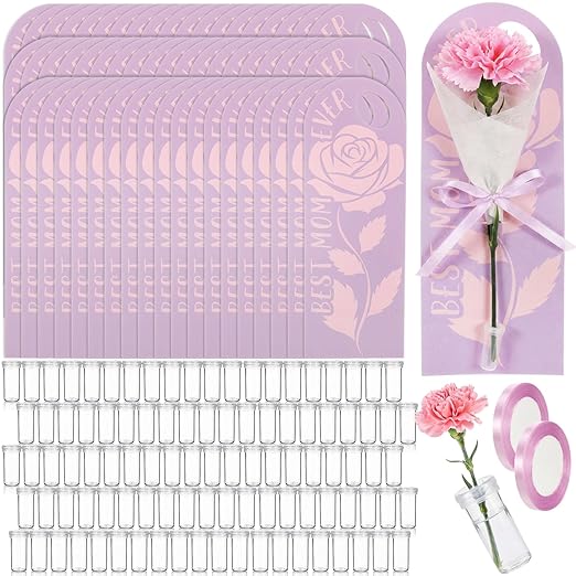 Eaasty 96 Set Mother's Day Themed Single Carnation Card Sleeve Gift Packaging Flower Holder with Floral Water Tubes Ribbon and Tissue Paper for Flower Packing