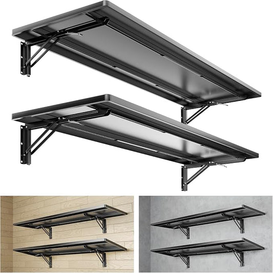 1.3x4FT Adjustable Garage Shelf Wall Mounted Fold Down Shelf Metal Heavy Duty Black 2Pack