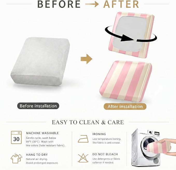 CALBODE 12 Pcs Stretch Outdoor Seat Cushion Covers, Washable Striped Chair Seat Cover for Patio Furniture Cushions Soft Indoor and Outdoor Couch Cover Replacement (Pink&Beige, Cover Only)