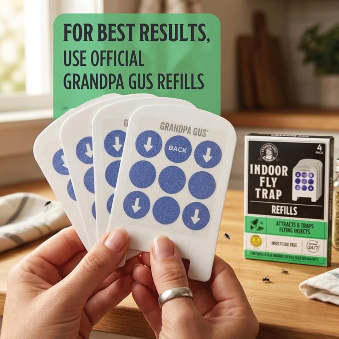 Grandpa Gus’s Indoor Fly Trap Refill Glue Boards 10 Pack - Sticky Replacement Cards for Flies, Gnats, Fruit Flies, Mosquitoes & Moths - Plug-in UV Light Trap Refills for Indoor Flying Insect Control