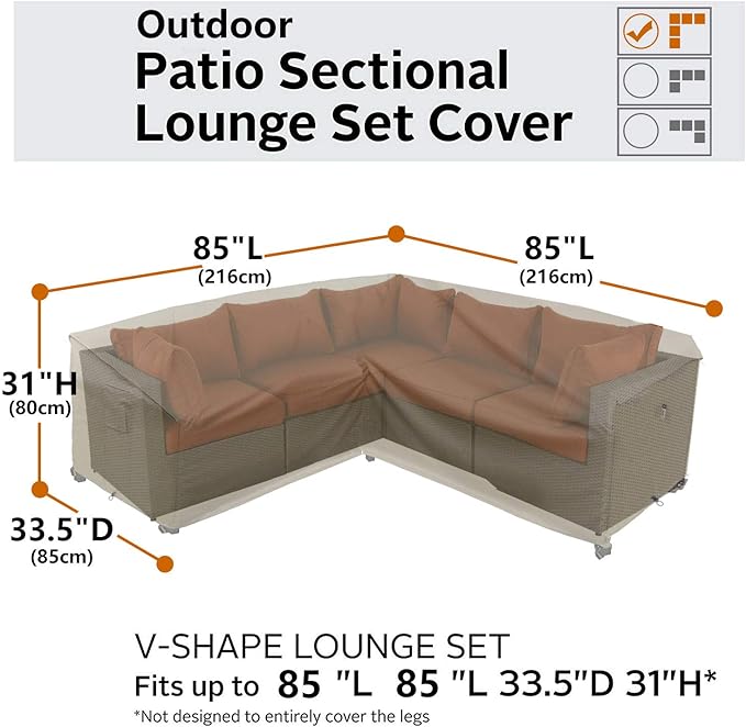 Heavy Duty Outdoor Sectional Sofa Cover, 85"X85" V-Shaped 5-Seater Waterproof 600D Patio Sectional Couch Cover, Lawn Patio Furniture Cover,Desert Khaki