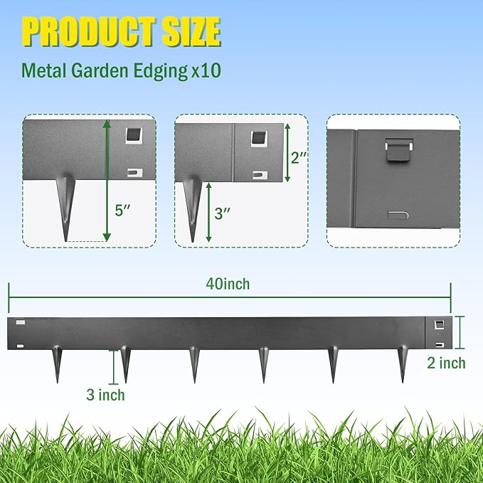 33ft. Metal Edging for Landscaping, 10 Pack 5 Inch Galvanized Steel Landscape Edging for Yard Pathway & Flower Beds, Metal Garden Edging with a Pair of Gloves (Black, 40" L x 5" H Each)