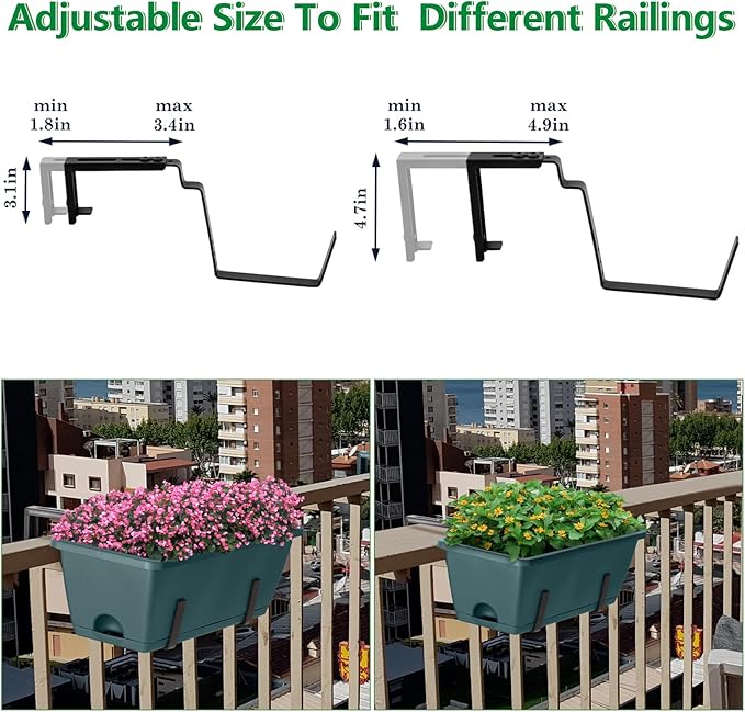 Window Boxes Planters with Adjustable Brackets Set of 2 Outdoor Fence Planters, Over the Deck Railing Planter Box with 6 Pack Hanging Plastic Flower Pots, Drainage Holes for Balcony, Patio, Green