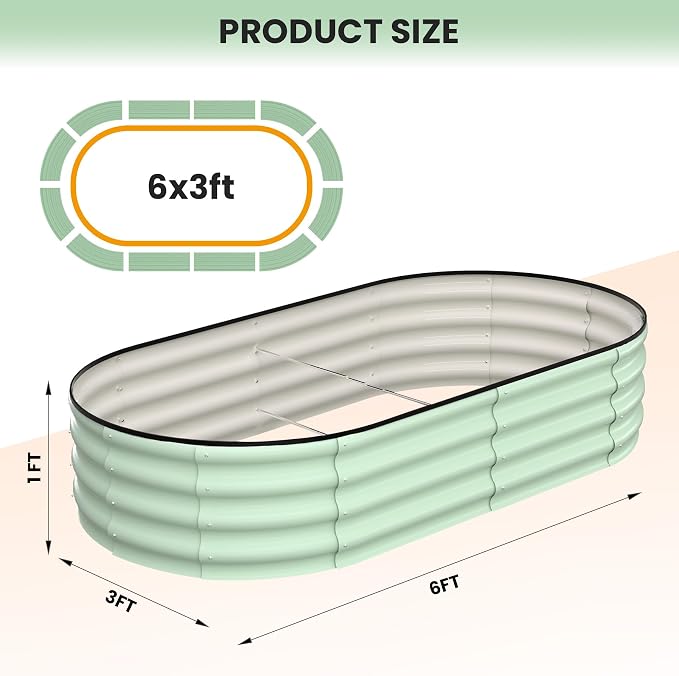 GarveeLife 2 Pcs 6x3x1 ft Oval Raised Garden Bed, Galvanized Raised Beds,Open-Ended Base Metal Raised Planter Beds,Garden Bed Outdoor,Planter Raised Boxes for Vegetables, Flowers,Tool-Free Asse,Green