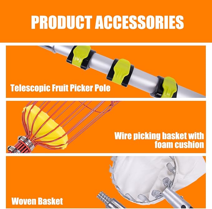 WodGod 13FT Telescopic Fruit Picker with Wire Basket and Bag Basket,Adjustable Fruit Picker Pole with Basket Telescoping,4-13FT Fruit Picker Pole,Suitable for Picking Apples,Mangoes,Plums and Others