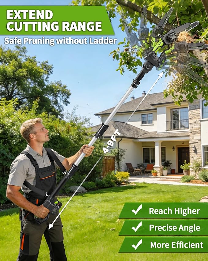 3-IN-1 Electric Pole Saws for Tree Trimming, 8&6 Inch Mini Chainsaw with Extension Pole, 2 * 4.0Ah Battery Powered Pole Chain Saw, Cordless Tree Trimmer Brushless 15ft Max Reach Branch Cutter Pruner