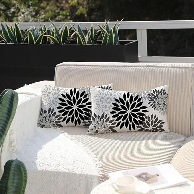 DFXSZ Black Grey Flower Pillow Covers 12x20 Inch Set of 2 White Gray Colored Throw Pillows Outdoor Waterproof Decor for Living Room Sofa Patio Funiture Garden Floral Polyester Pillow Covers 002I12