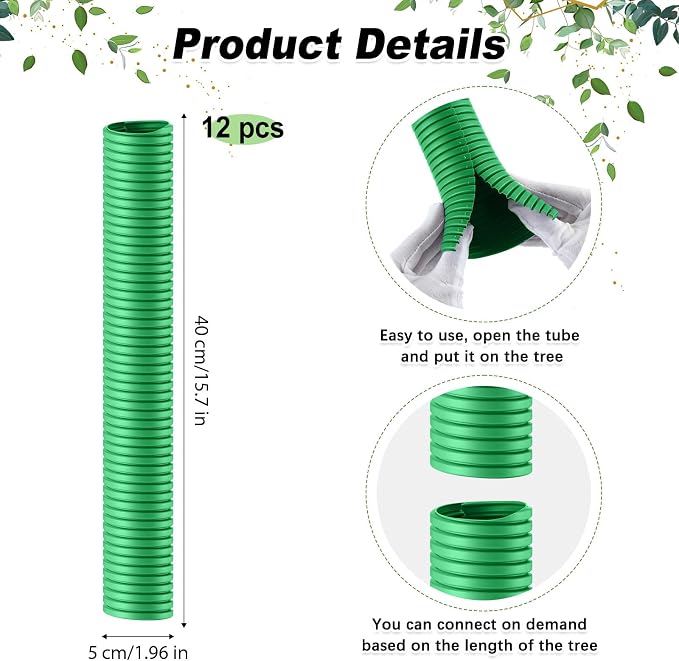 Nuenen 12 Pcs Corrugated Tree Guards, Long 15.75 Inch Diameter 1.96 Inch Pp Tree Trunk Protectors, Tree Bark Protector Tube Wraps for Saplings Plants Seedlings Deer Rabbit Cats Rodents Mowers (Green)