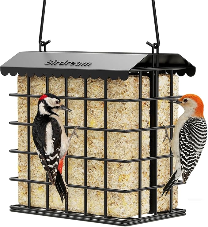 Birdream Double Suet Bird Feeders for Outdoors, All Metal Bird Suet Cakes Cage Holder with Weatherproof Roof, Easy to Refill & Clean, Attract Woodpeckers, Chickadees, Nuthatches, Black