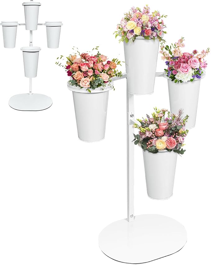 PROLEE Flower Display Stand with 4 Round Buckets, Flower Display Stand, Flower Stand Metal, Florist Bouquet Shelf for Wedding, Party, Events, Oval Base, White