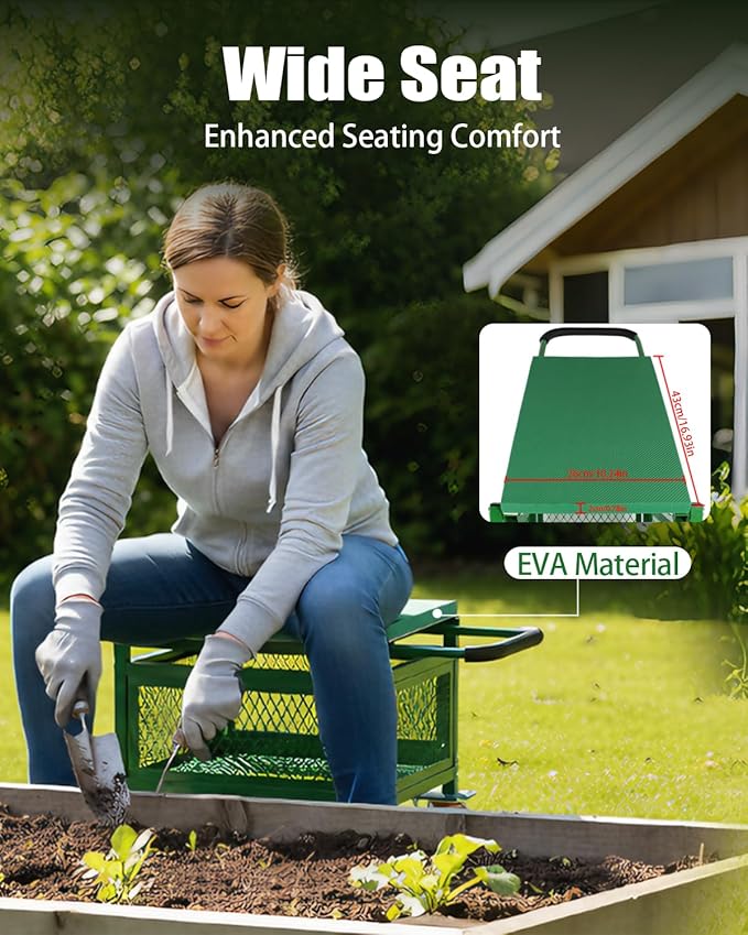 Garden Seat with Cart and Wheels for Seniors, Patio, Lawn & Yard | Lockable 360 Swivel Wheels, Heavy-Duty, Foam Handle Grip, Large Mesh Storage Basket, Comfortable Garden Rolling Seat