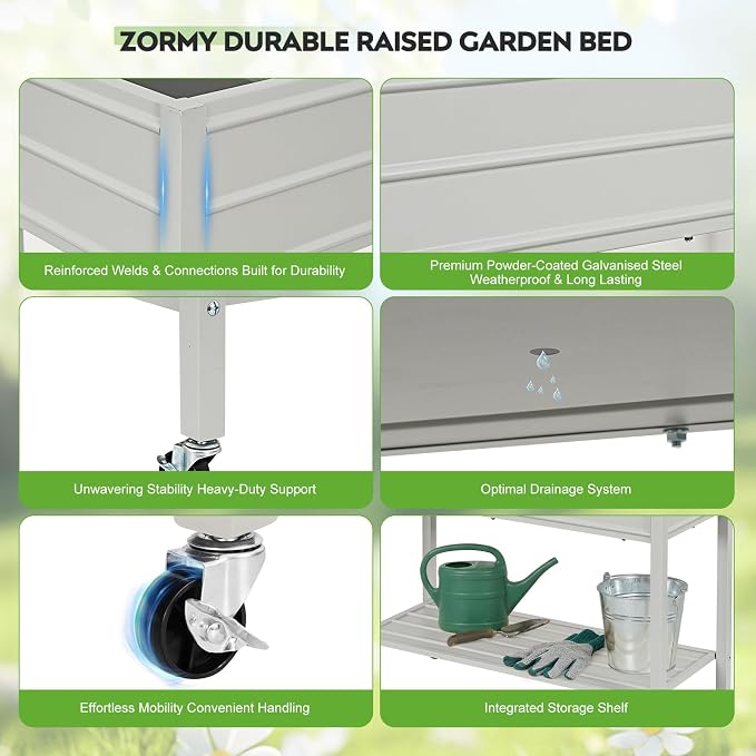 32" Tall Galvanized Raised Garden Bed with Legs Wheels & Shelf, Elevated Planter Box Outdoor for Vegetables, Herbs & Flowers, Patio & Backyard, Garden Bed with 400lb Capacity，Grey