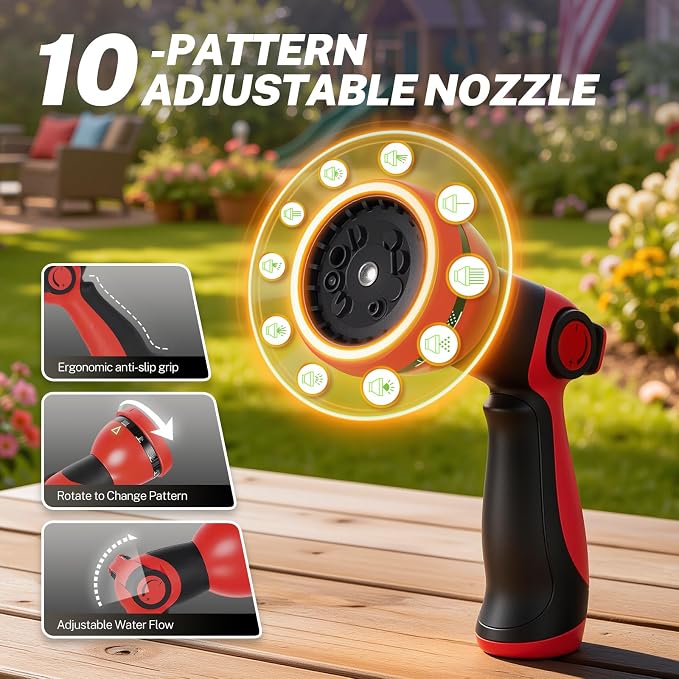 BILITOOLS Retractable Garden Hose Reel 5/8 in x 50 ft, Wall Mounted Water Hose Reel for Outside with Any Length Lock, Slow Auto Rewind Anti-Tangle System, 180° Swivel Bracket & 10-Pattern Spray Nozzle