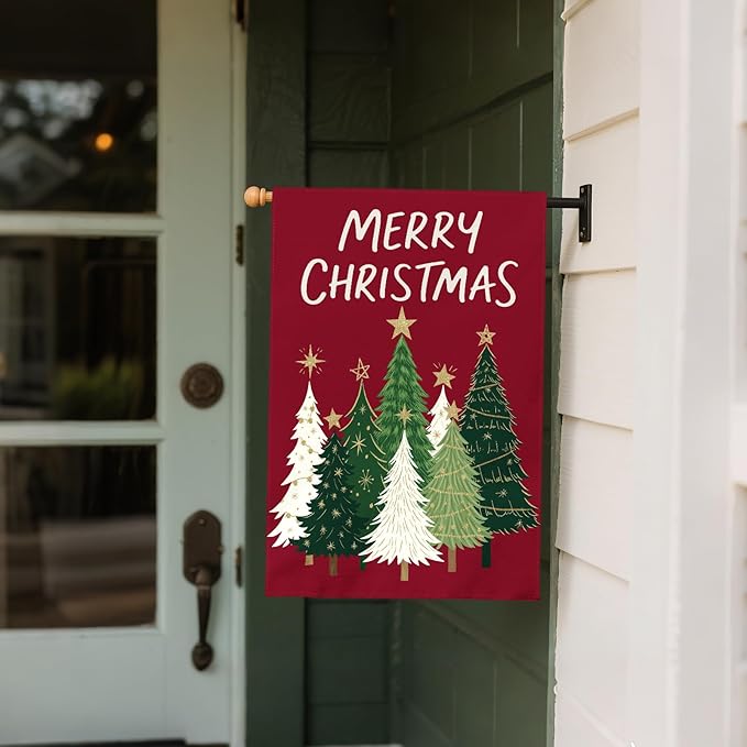 Merry Christmas House Flag 28x40 Inch Dark Red Green Xmas Tree Holiday Winter Decorative Garden Flags for Outside Double Sided Seasonal Outdoor Home Farmhouse Decoration Porch Yard New Year Decor