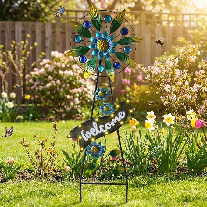 TERESA'S COLLECTIONS Wind Spinners Outdoor Solar Decor, Hummingbird Metal Windmill for Yard Decorative Garden Stakes for Porch,Garden,Yard,26''