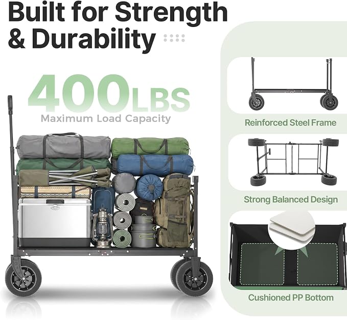 EchoSmile Collapsible Wagon Cart for Camping & Beach - Heavy Duty 400lbs Capacity All-Terrain Cart with Wide Wheels, Portable Folding Utility Wagon for Grocery, Garden, Sports,Green&Yellow